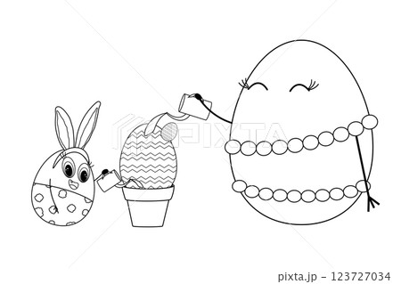 Black and white Easter themed coloring page with adorable anthropomorphic happy family Easter eggs characters watering a potted egg cactus plant. Perfect for kids festive holiday crafts. 123727034