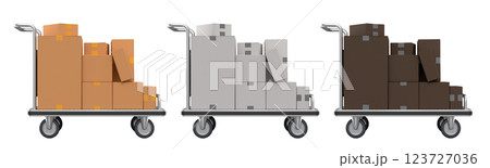 Set of Airport luggage cart or baggage trolley side with stack of cardboard boxes or cartons on white background. 3d render element of airport or warehouse service Set of Airport luggage cart or baggage trolley side with stack of cardboard boxes or cartons on white background. 3d render element of airport or warehouse service 123727036