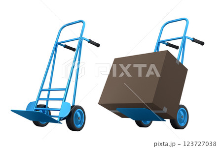Set of Airport luggage cart or baggage trolley side with stack of cardboard boxes or cartons on white background. 3d render element of airport or warehouse service Set of Airport luggage cart or baggage trolley side with stack of cardboard boxes or cartons on white background. 3d render element of airport or warehouse service 123727038