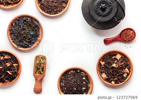 Loose tea leaves, a frame. A variety of fruit, herbal, and floral teas Loose tea leaves, a frame. A variety of fruit, herbal, and floral teas 123727069