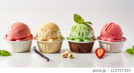 Ice cream scoops in white cups of chocolate, strawberry, vanilla and green tea flavours 123727103