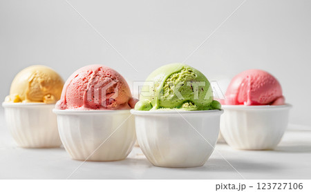 Ice cream scoops in white cups of chocolate, strawberry, vanilla and green tea flavours Ice cream scoops in white cups of chocolate, strawberry, vanilla and green tea flavours 123727106
