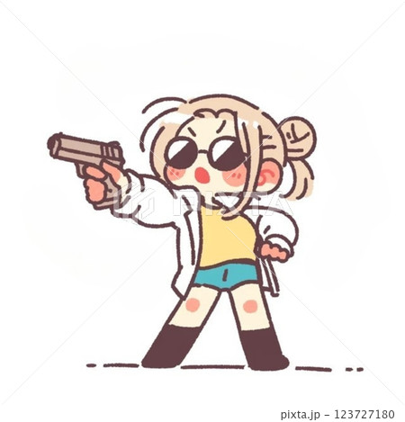 デフォルメ、銃を構える女性のイラスト、アイコン、素材、背景なし 123727180