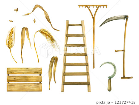 Set of harvesting tools, scythe, sickle, rake, wooden box, ladder, wheat ears, wheat grains. All objects are hand-drawn with watercolors. For printing, design, scrapbooking. 123727418