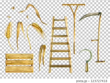Set of harvesting tools, scythe, sickle, rake, wooden box, ladder, wheat ears, wheat grains. All objects are hand-drawn with watercolors. For printing, design, scrapbooking. 123727418