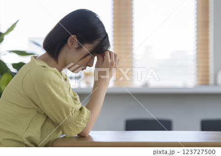 自宅のテーブルで頭を抱えるアラサーの女性　横顔 123727500