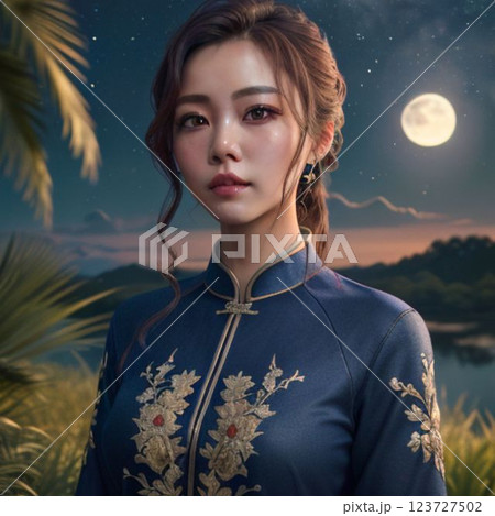 夜の公園でお月を眺める女性 123727502