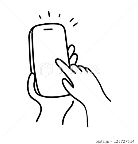 スマホの画面をタップしようとしている手のシンプルな手描き線画イラスト　透過背景の切り抜き 123727514