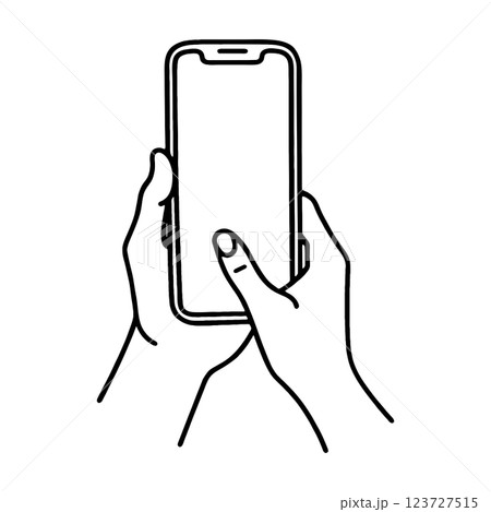 スマホの画面をタップしようとしている手のシンプルな手描き線画イラスト　透過背景の切り抜き 123727515
