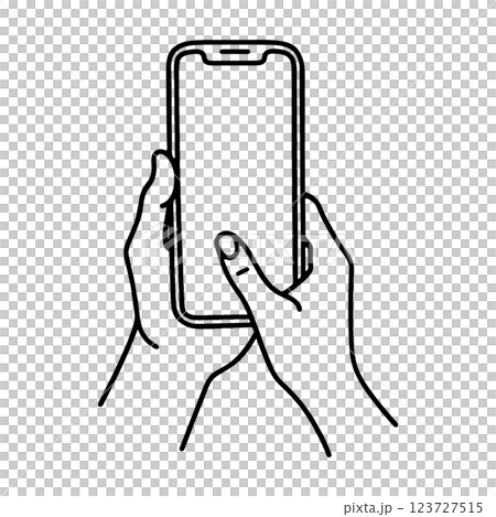 スマホの画面をタップしようとしている手のシンプルな手描き線画イラスト　透過背景の切り抜き 123727515