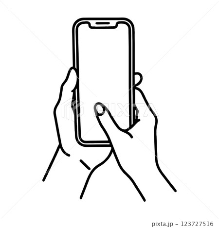 スマホの画面をタップしようとしている手のシンプルな手描き線画イラスト　透過背景の切り抜き 123727516
