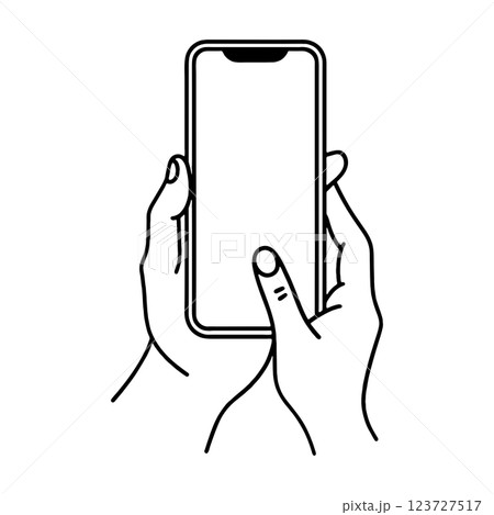 スマホの画面をタップしようとしている手のシンプルな手描き線画イラスト　透過背景の切り抜き 123727517