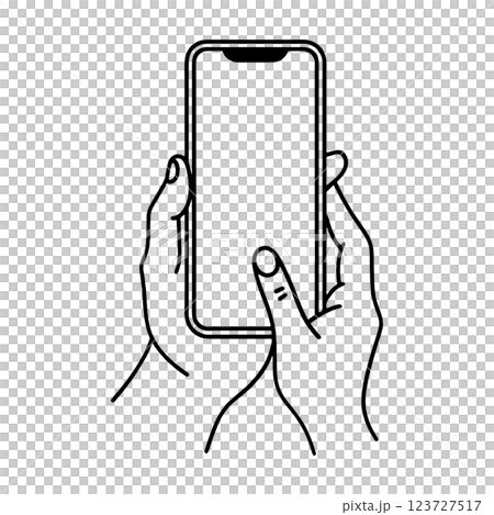 スマホの画面をタップしようとしている手のシンプルな手描き線画イラスト　透過背景の切り抜き 123727517