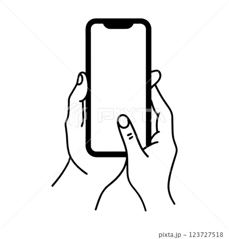 スマホの画面をタップしようとしている手のシンプルな手描き線画イラスト　透過背景の切り抜き 123727518