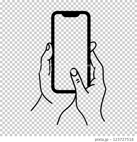 スマホの画面をタップしようとしている手のシンプルな手描き線画イラスト　透過背景の切り抜き 123727518