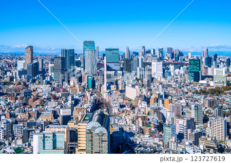 日本の東京都市景観 山々が見える新風景。渋谷やアクシュ、E259、歌舞伎町、男体山などを望む 日本の東京都市景観 山々が見える新風景。渋谷やアクシュ、E259、歌舞伎町、男体山などを望む 123727619