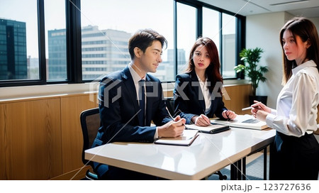 ミーティングで打ち合わせする男女 123727636