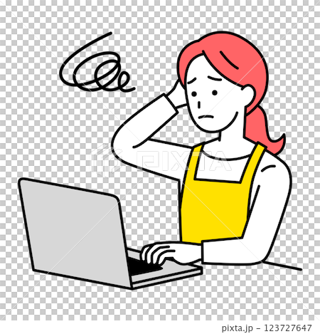 A man in an apron having trouble operating a laptop 123727647