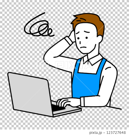A woman in an apron having trouble operating a laptop 123727648