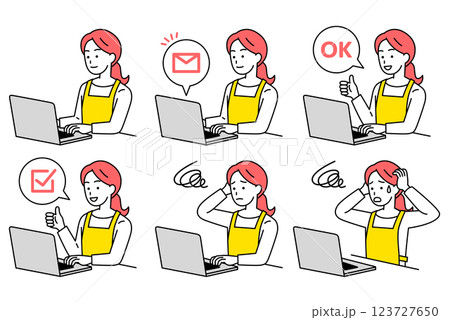 ノートパソコンを操作するエプロン姿の女性　セット 123727650