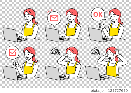 ノートパソコンを操作するエプロン姿の女性　セット 123727650