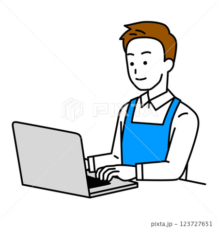 ノートパソコンを操作するエプロン姿の男性 123727651