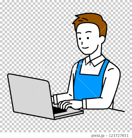ノートパソコンを操作するエプロン姿の男性 123727651