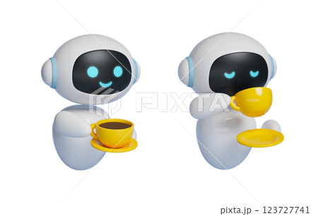 3D graphic of AI robot character taking a break while holding a coffee cup 123727741