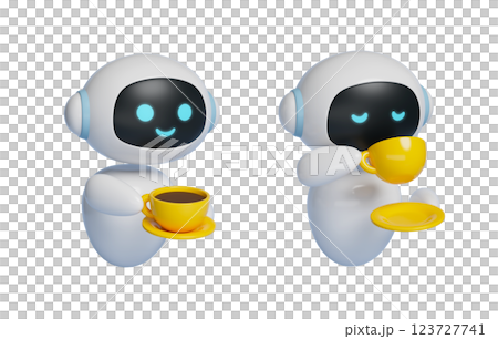 3D graphic of AI robot character taking a break while holding a coffee cup 123727741