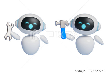 AI robot character holding a spanner and hammer 3D graphics AI robot character holding a spanner and hammer 3D graphics 123727742