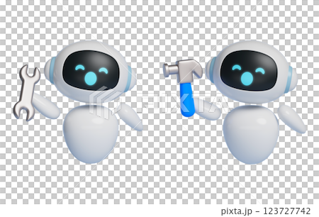 AI robot character holding a spanner and hammer 3D graphics AI robot character holding a spanner and hammer 3D graphics 123727742
