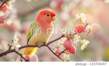 Colorful lovebird perched on blossoming branch with decorative Easter eggs Colorful lovebird perched on blossoming branch with decorative Easter eggs 123728147