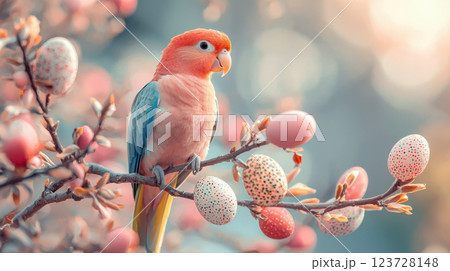 Colorful parrot perched on branch decorated with Easter eggs in soft, dreamy setting 123728148