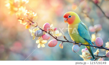Colorful lovebird perched on blooming branch with decorative eggs in soft sunlight Colorful lovebird perched on blooming branch with decorative eggs in soft sunlight 123728149