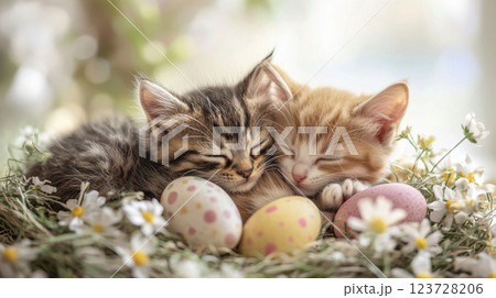 Two adorable kittens sleeping in nest with colorful Easter eggs and daisies 123728206