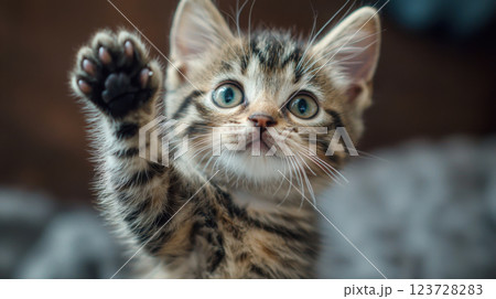 Adorable tabby kitten raising its paw with curious and playful expression Adorable tabby kitten raising its paw with curious and playful expression 123728283