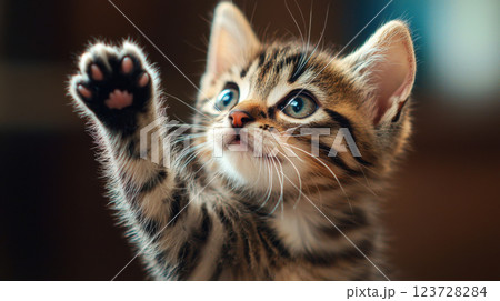 Playful tabby kitten with bright eyes reaching out with its paw in warm indoor setting 123728284