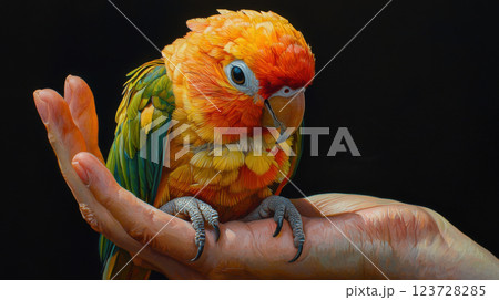 Vibrant parrot perched on hand, showcasing its colorful feathers 123728285