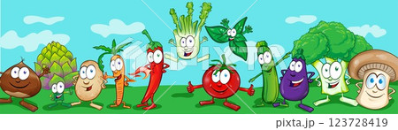 Horizontal background Cartoon vegetables characters set. clip art vector illustration Horizontal background Cartoon vegetables characters set. clip art vector illustration 123728419