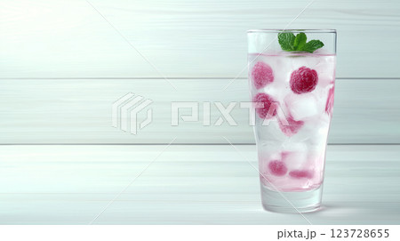 Refreshing raspberry mint infused sparkling water on wooden background with empty space Refreshing raspberry mint infused sparkling water on wooden background with empty space 123728655