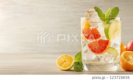 Refreshing citrus infused water with ice and mint on wooden table. Colorful summer banner with lemonade Refreshing citrus infused water with ice and mint on wooden table. Colorful summer banner with lemonade 123728656