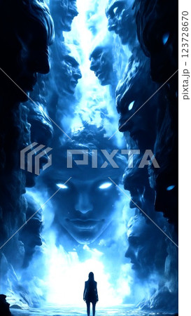Towering stone faces enclose shadowy figure, mist swirls in cavernous void, eerie silence dominates, imposing scale intensifies atmosphere, mystery, and isolation concept. 123728670