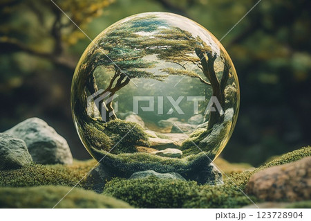 Unique view through tree bark showcasing a quiet lake reflecting autumn foliage and dramatic clouds at sunset 123728904