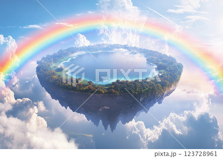 Floating island with lush greenery and waterfalls under a vibrant rainbow sky 123728961