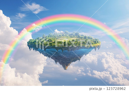 Floating island with lush greenery and waterfalls under a vibrant rainbow sky 123728962