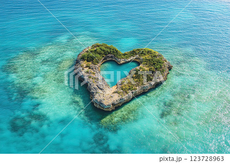 Heart-shaped island surrounded by turquoise water in a tropical setting 123728963