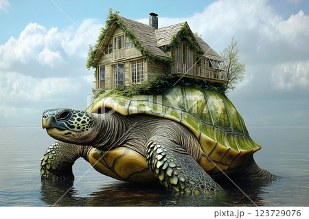 Unique turtle carrying a small house on its back surrounded by misty water on a calm day 123729076