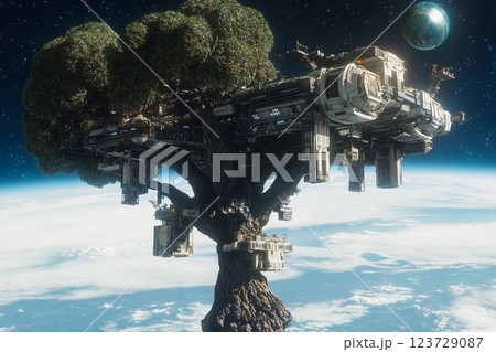 Floating tree city in space showcases futuristic architecture amid the cosmos Floating tree city in space showcases futuristic architecture amid the cosmos 123729087