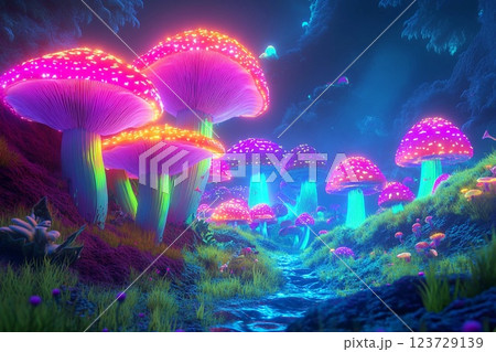 Vibrant glow of neon mushrooms under a starry night sky in a mystical forest landscape Vibrant glow of neon mushrooms under a starry night sky in a mystical forest landscape 123729139