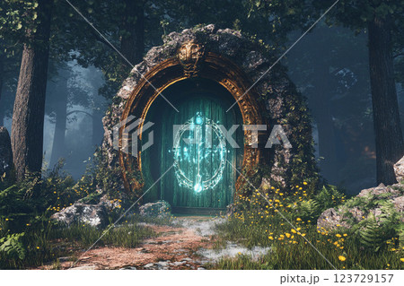 Mysterious stone gateway stands in a serene forest surrounded by tall trees on an overcast day 123729157